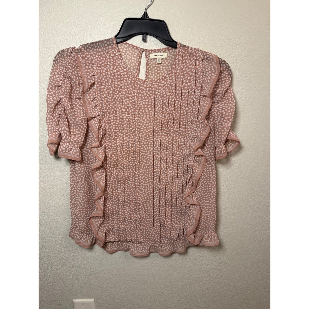 Max Studio Polka Dot Pleated Ruffle Blouse Dusty Rose Pink Medium